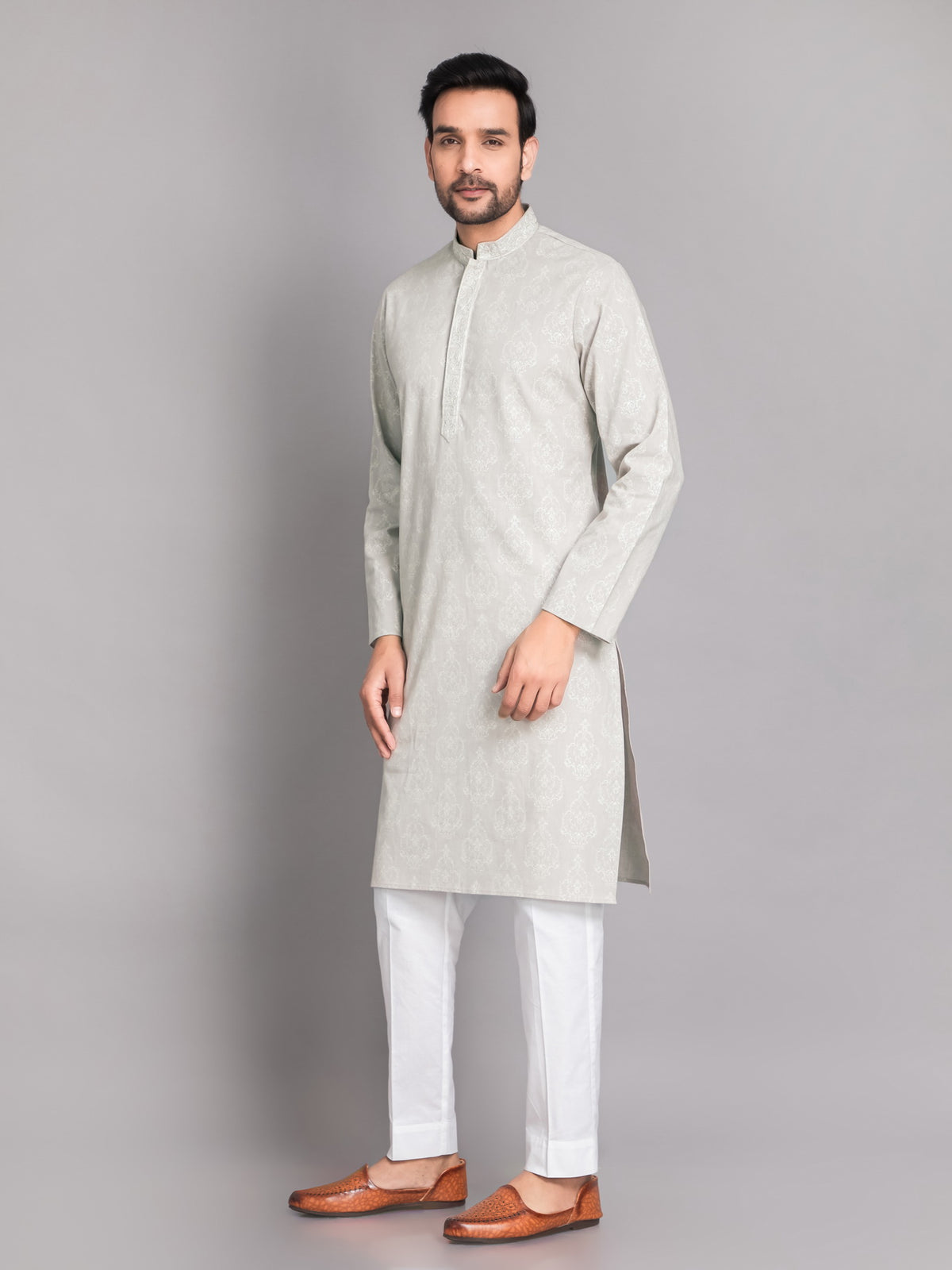 SUTI MEN'S KHADI LINEN LIGHT GRAY PRINTED EMBROIDERED NECK LINE KURTA