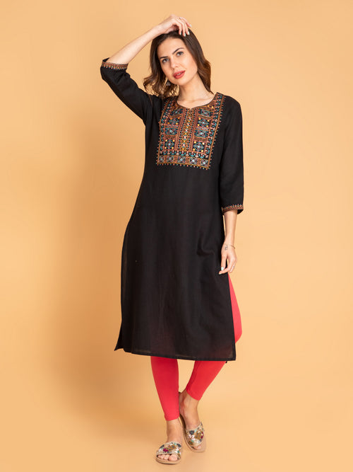 Linen Blend Embroidered Long Kurti