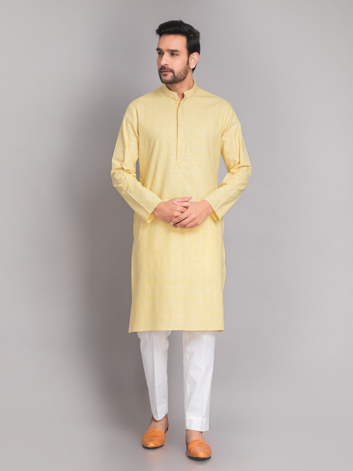 SUTI MEN'S KHADI LINEN GLOSS PRINTED LONG KURTA EMBELLISHED WITH EMBROIDERED NECKLINE