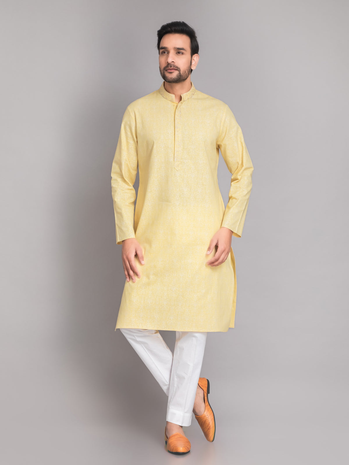 SUTI MEN'S KHADI LINEN GLOSS PRINTED LONG KURTA EMBELLISHED WITH EMBROIDERED NECKLINE