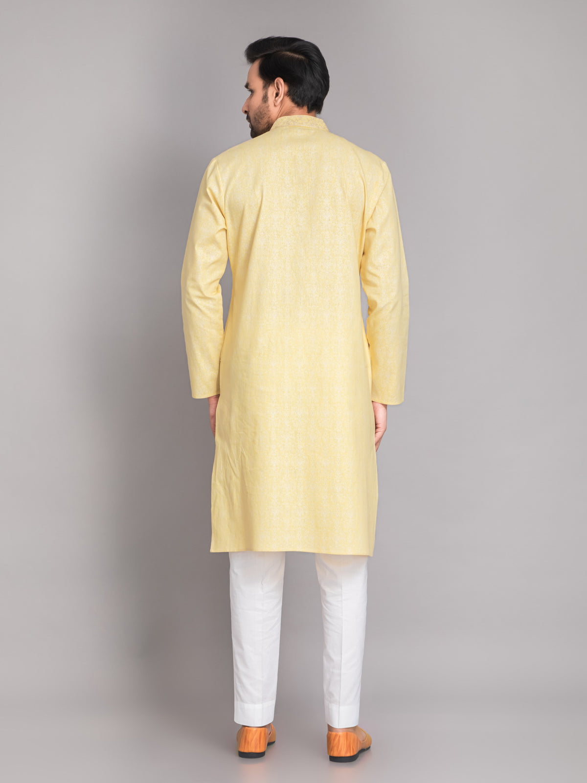 SUTI MEN'S KHADI LINEN GLOSS PRINTED LONG KURTA EMBELLISHED WITH EMBROIDERED NECKLINE