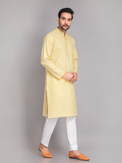 SUTI MEN'S KHADI LINEN GLOSS PRINTED LONG KURTA EMBELLISHED WITH EMBROIDERED NECKLINE