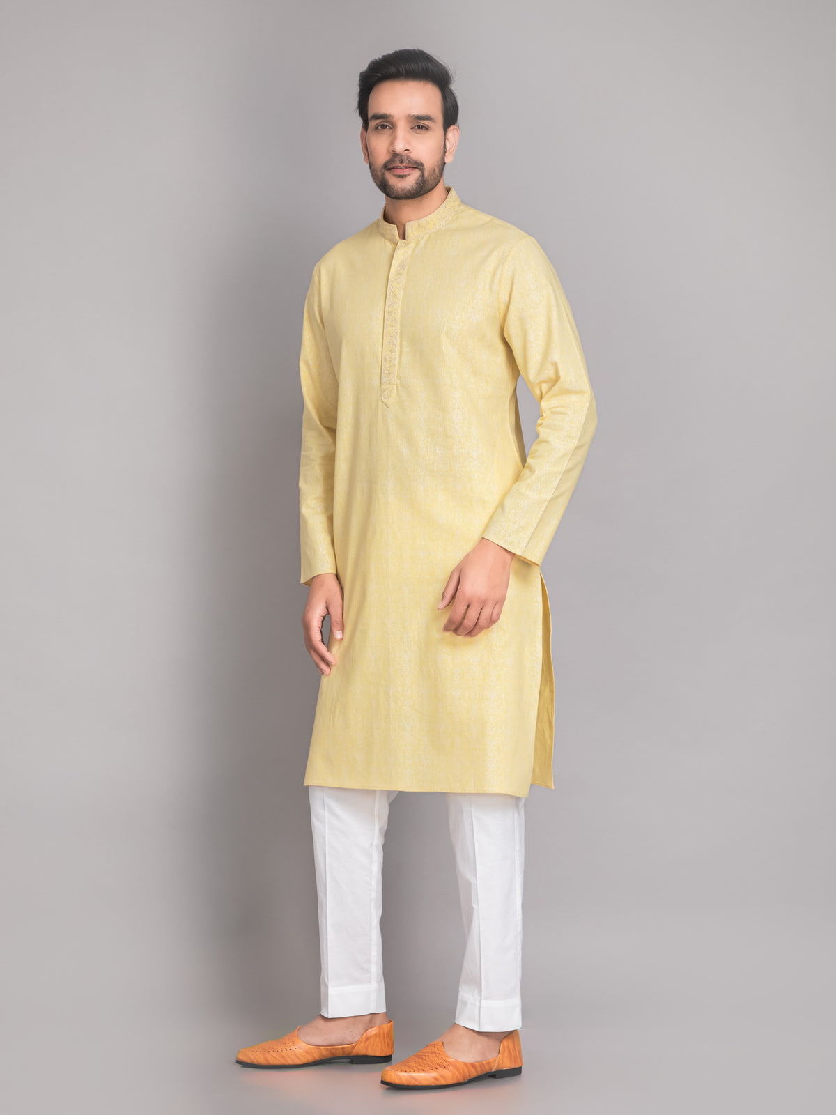 SUTI MEN'S KHADI LINEN GLOSS PRINTED LONG KURTA EMBELLISHED WITH EMBROIDERED NECKLINE