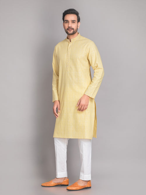 SUTI MEN'S KHADI LINEN GLOSS PRINTED LONG KURTA EMBELLISHED WITH EMBROIDERED NECKLINE