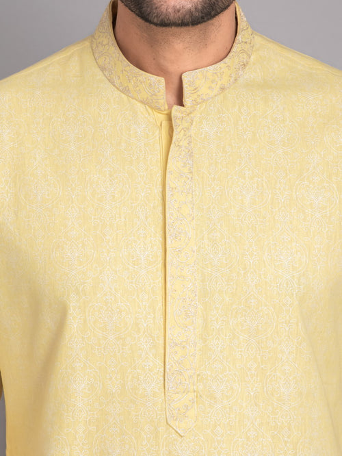 SUTI MEN'S KHADI LINEN GLOSS PRINTED LONG KURTA EMBELLISHED WITH EMBROIDERED NECKLINE