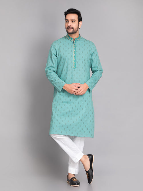 SUTI MEN'S KHADI LINEN PRINTED LONG KURTA EMBELLISHED WITH EMBROIDERED NECKLINE