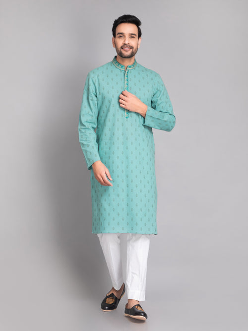 SUTI MEN'S KHADI LINEN PRINTED LONG KURTA EMBELLISHED WITH EMBROIDERED NECKLINE