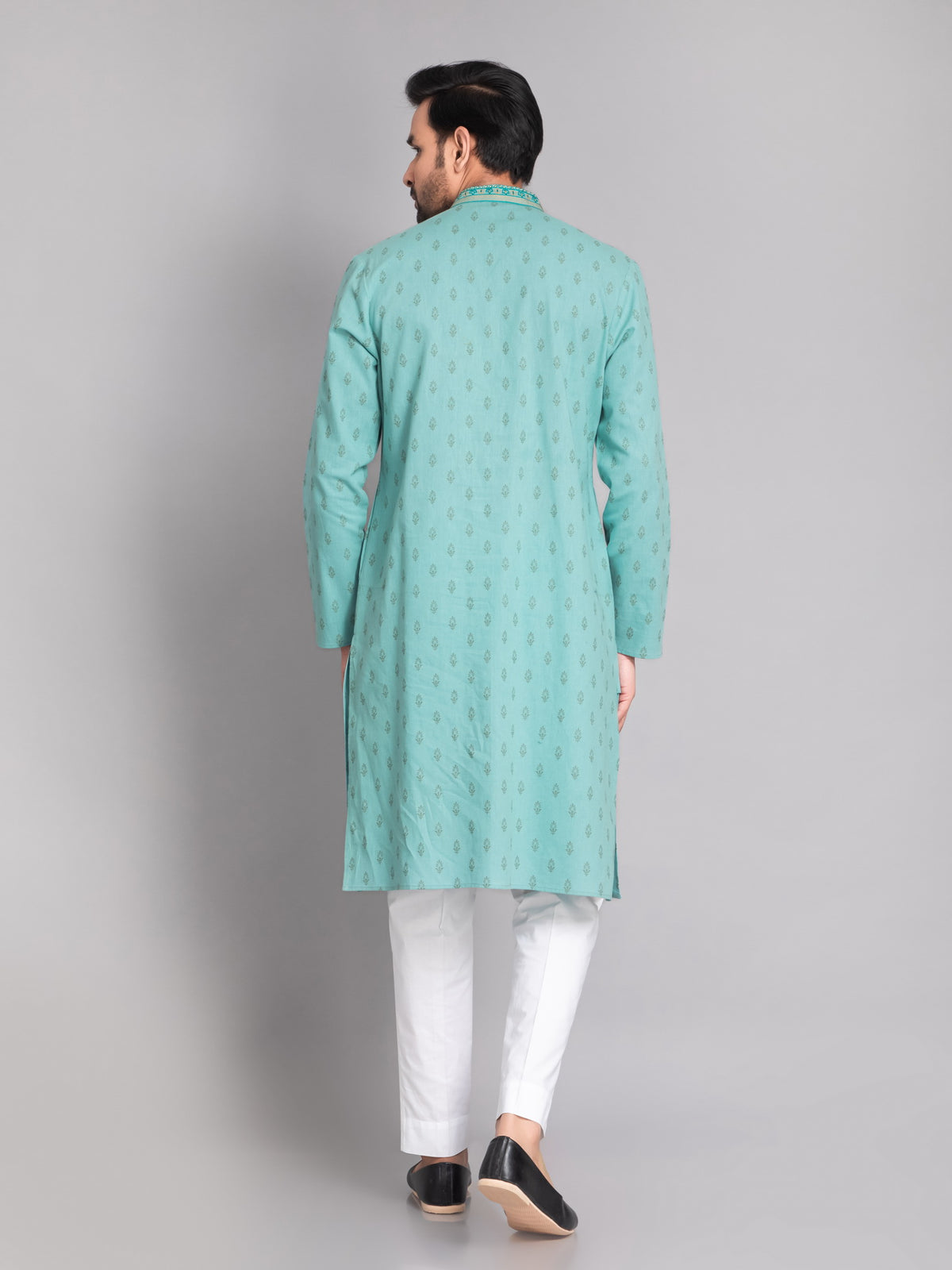 SUTI MEN'S KHADI LINEN PRINTED LONG KURTA EMBELLISHED WITH EMBROIDERED NECKLINE