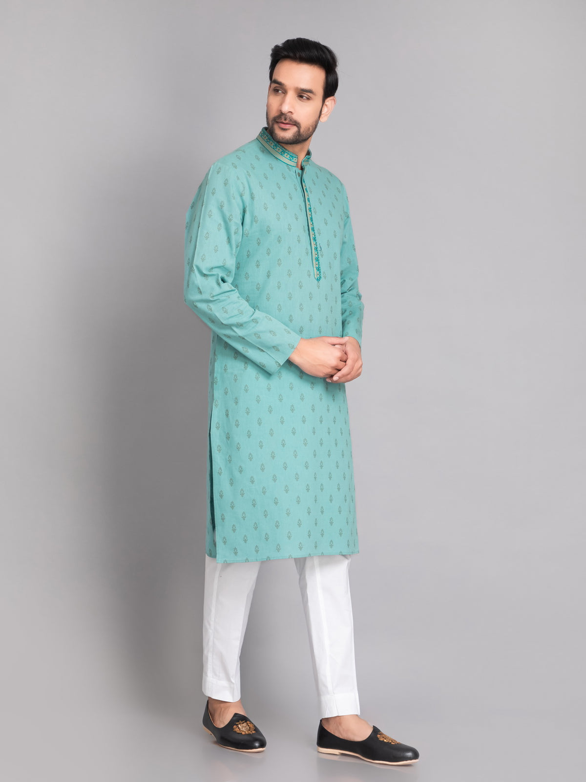 SUTI MEN'S KHADI LINEN PRINTED LONG KURTA EMBELLISHED WITH EMBROIDERED NECKLINE