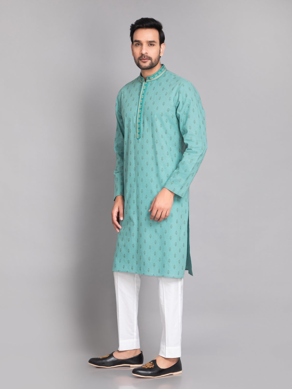 SUTI MEN'S KHADI LINEN PRINTED LONG KURTA EMBELLISHED WITH EMBROIDERED NECKLINE