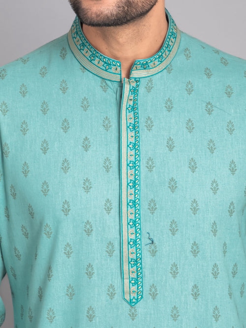 SUTI MEN'S KHADI LINEN PRINTED LONG KURTA EMBELLISHED WITH EMBROIDERED NECKLINE