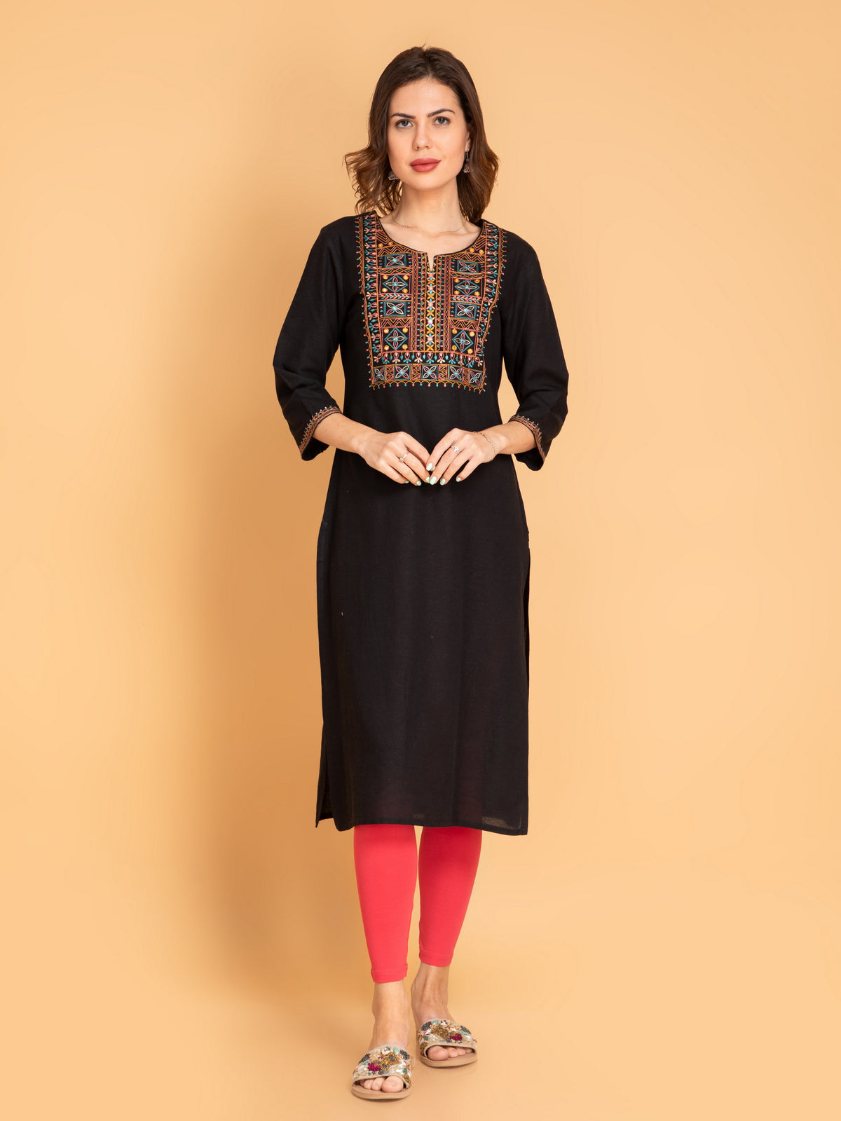 Linen Blend Embroidered Long Kurti