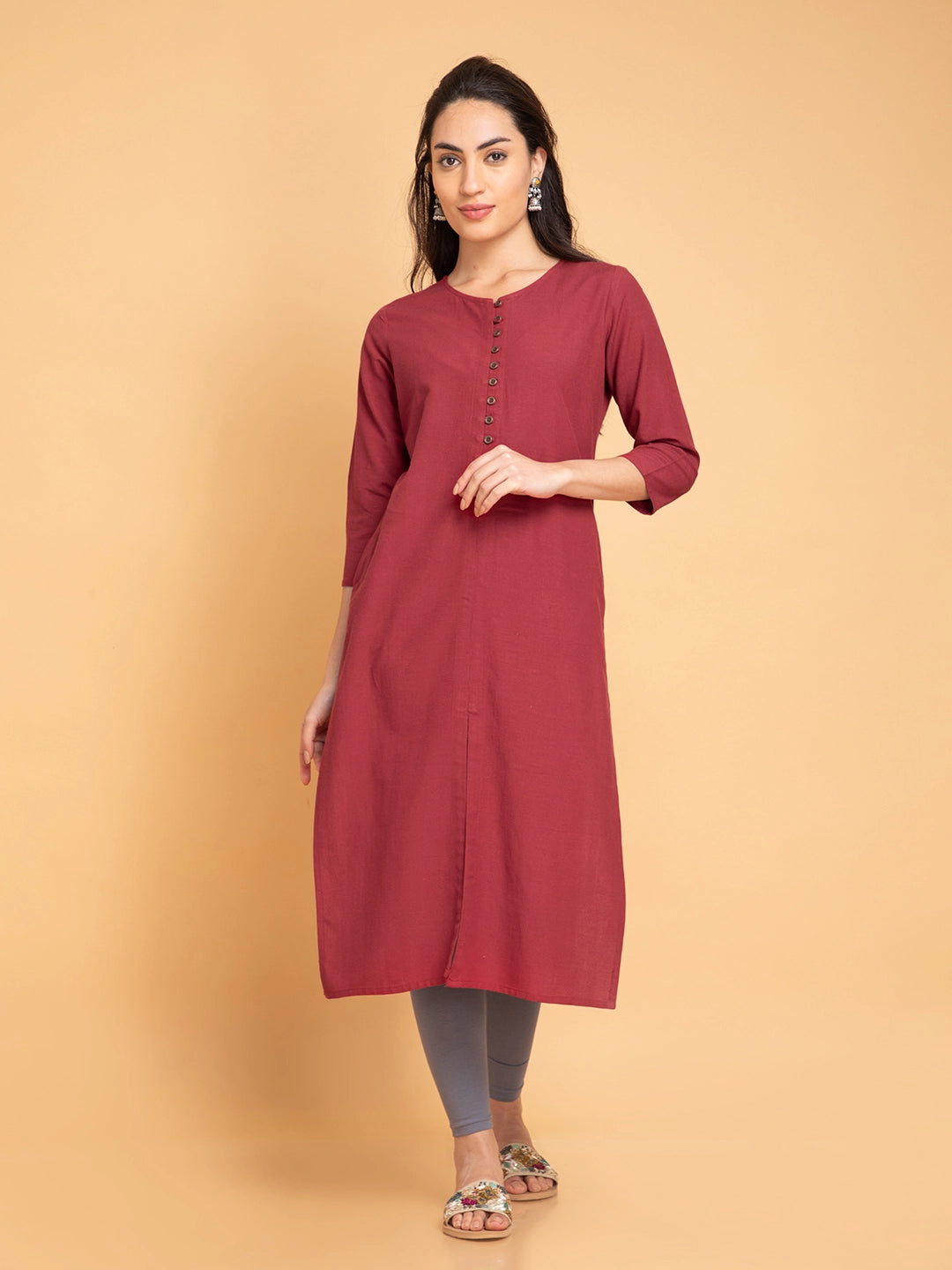 Linen Blend Long Kurti with Metal Buttons