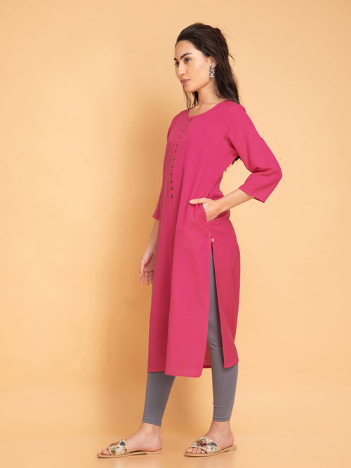 Linen Blend Long Kurti with Metal Buttons