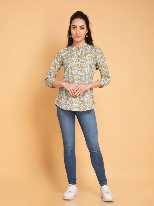 Mul Cotton Floral Printed Short Top with Pintuck Details