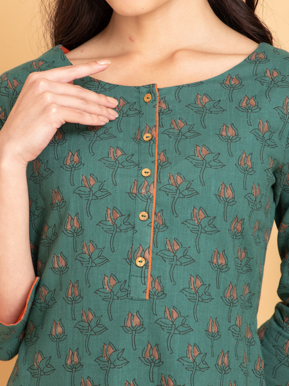 Printed Long Kurti with Fabric Trims