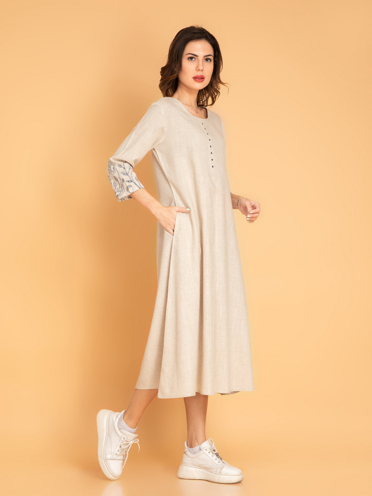 Suti Women Rayon Linen Dress Tunic with Embroidered Sleeves