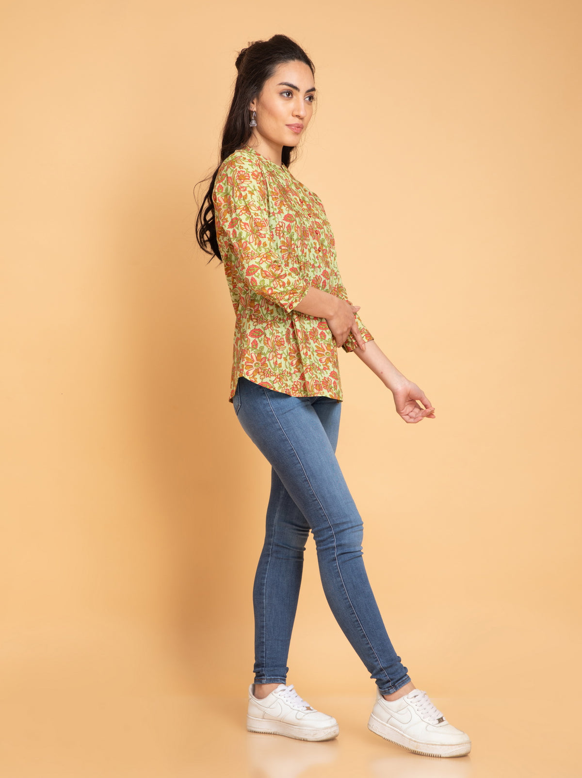 Mul Cotton Floral Printed Short Top with Pintuck Details