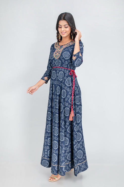 Hand Embellished Bandhej Printed Floor-Length Dress