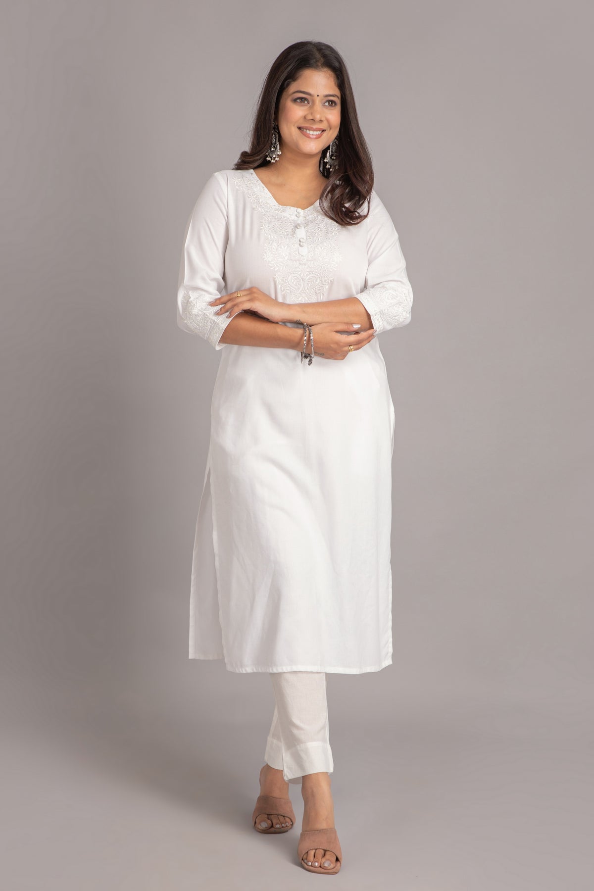 Chikankari Embroidered Rayon Long Kurti with Craft Buttons