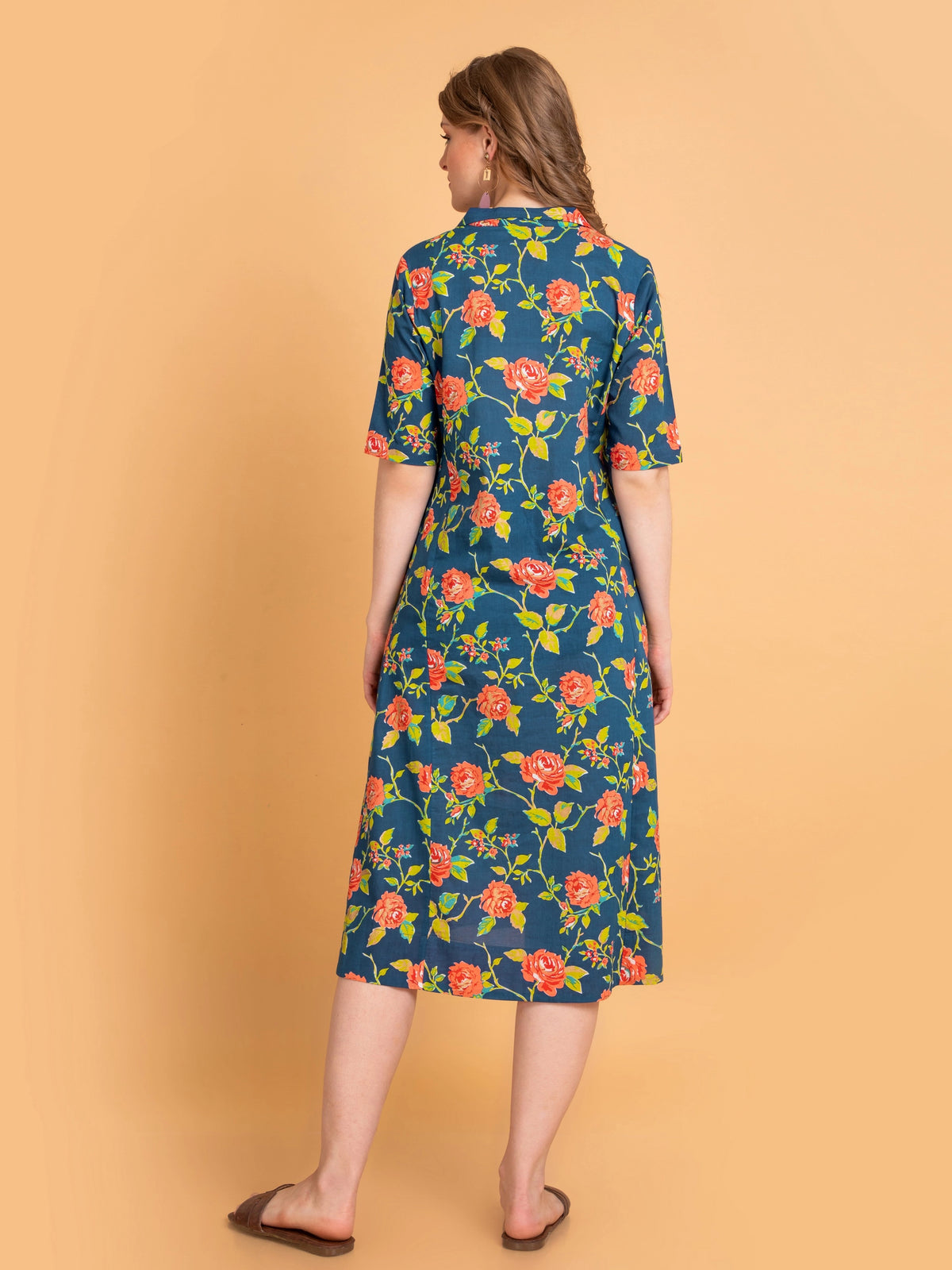 Mul Cotton Floral Print Flared Long Dress