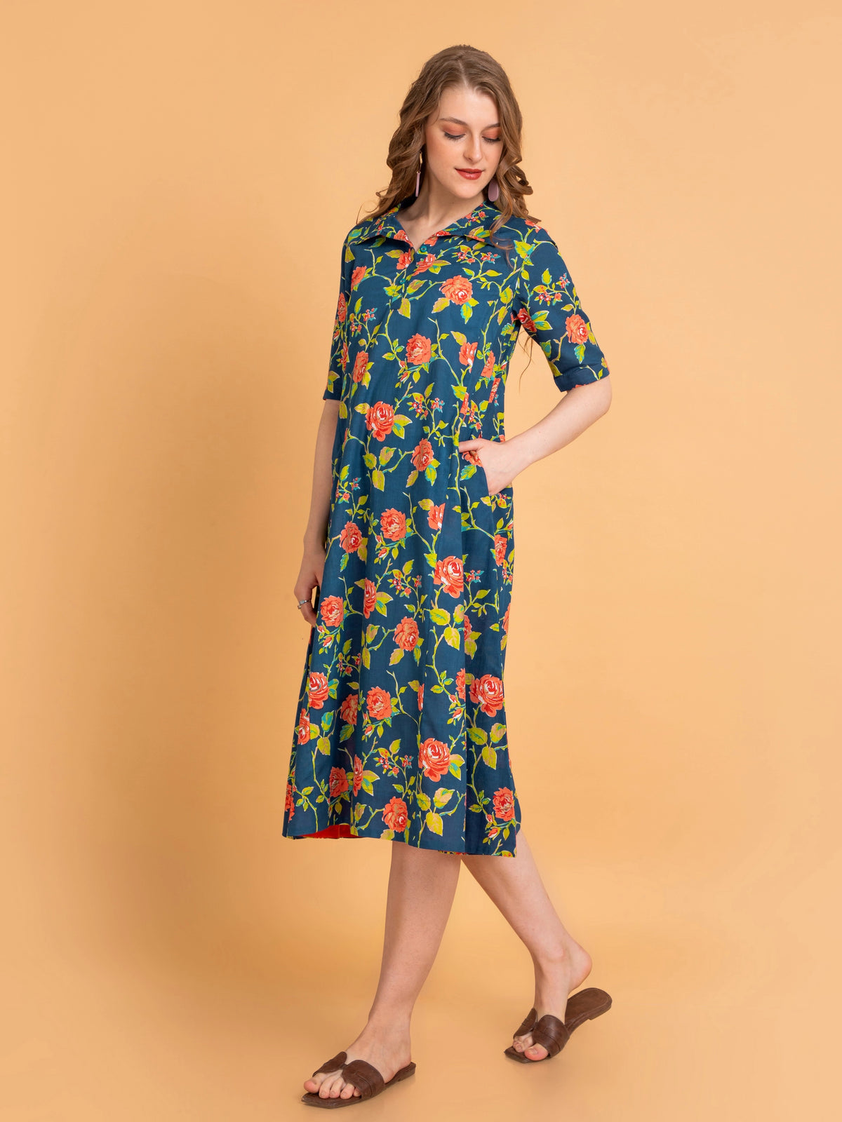 Mul Cotton Floral Print Flared Long Dress