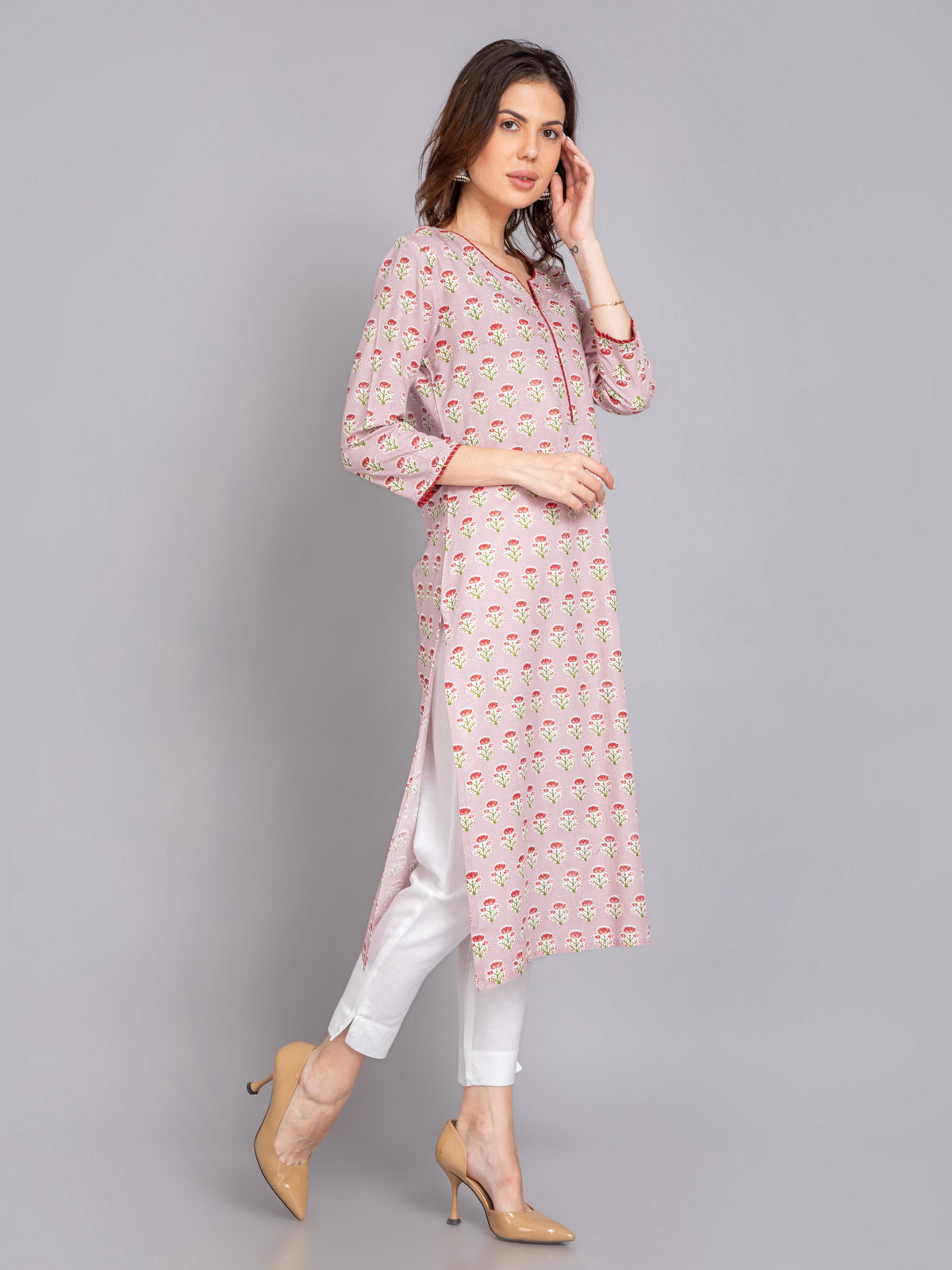 Rayon Linen Gold Foil Printed Long Kurti