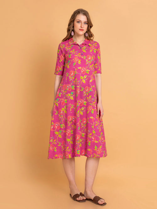 Mul Cotton Floral Print Flared Long Dress