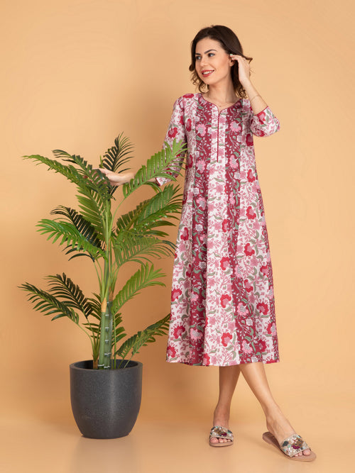 Mul Cotton Printed Kalidar Kurti with Zari Work