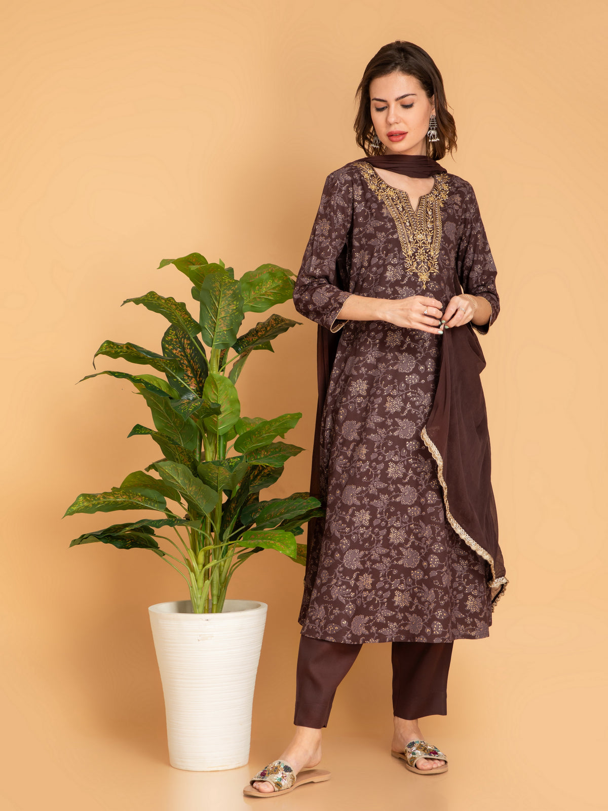 A-Line Gold Printed 3-Piece Kurta Set with Zari Embroidery