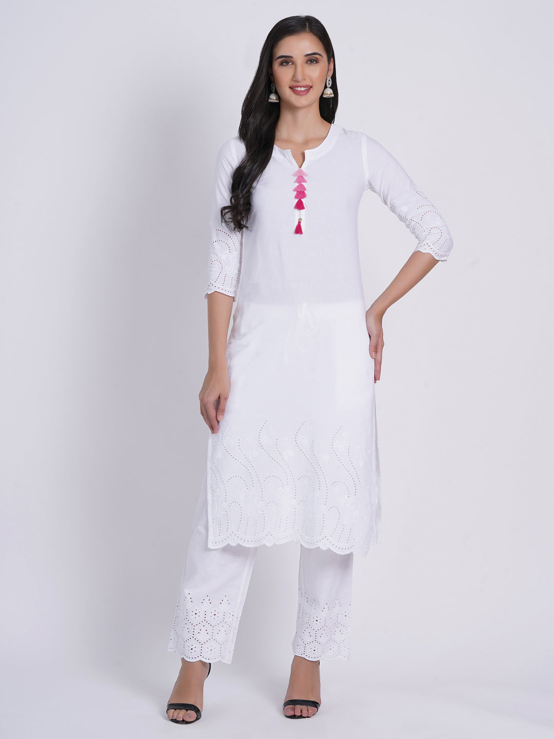 Rayon Linen Long Kurti With Schiffli Embroidery