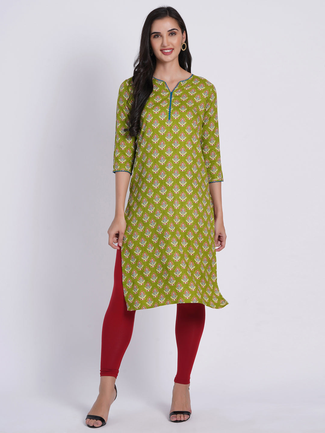 Suti Women Rayon Floral Printed Long Kurti Embellished With Zari Work Details