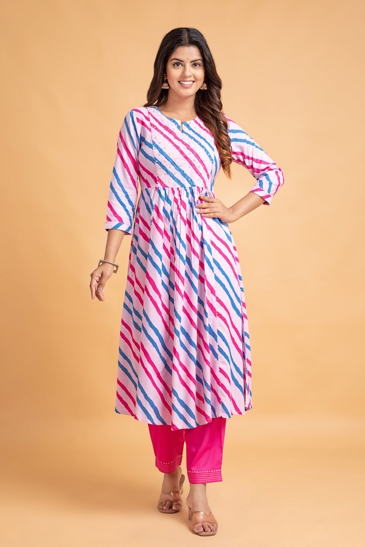 Lehariya Printed Flared Long Kurti with Pant