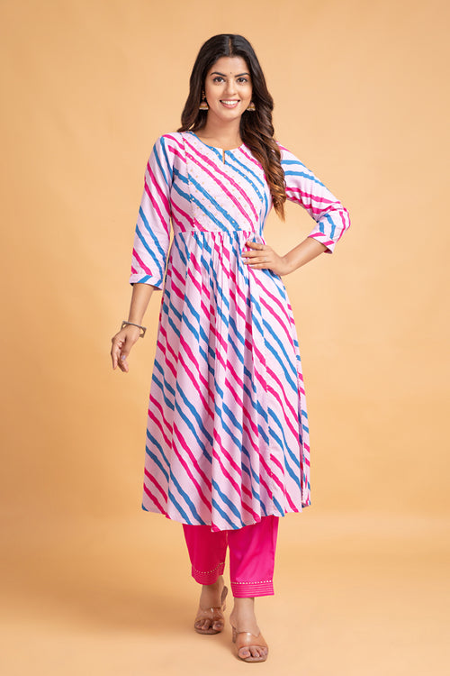 Lehariya Printed Flared Long Kurti with Pant