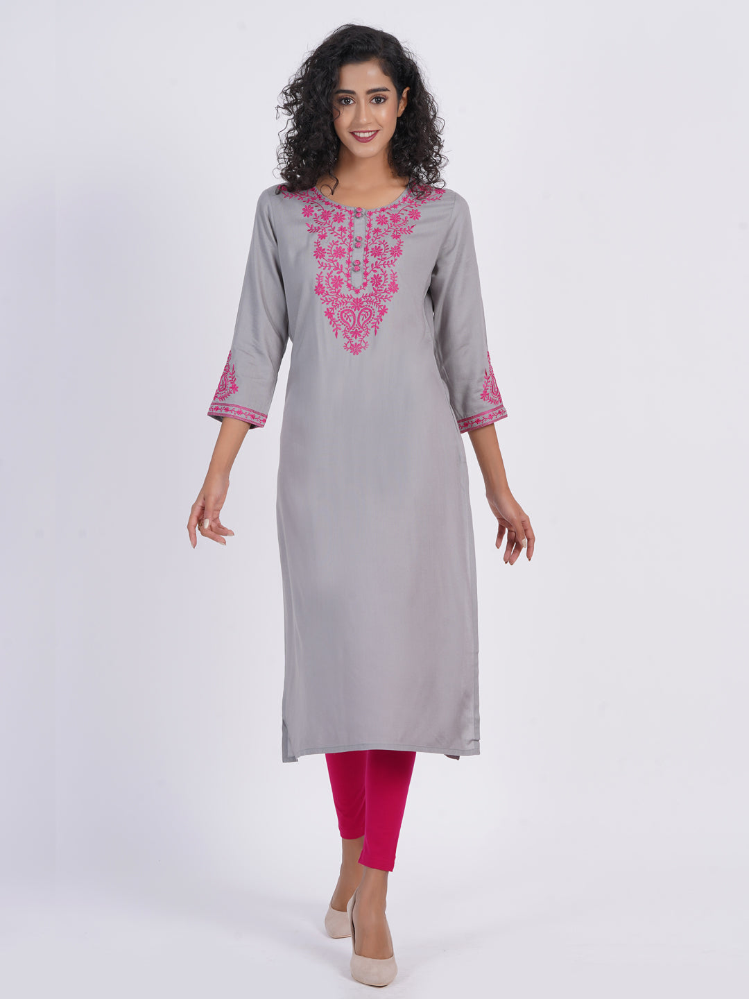 Chikankari Embroidered Rayon Long Kurti with Craft Buttons