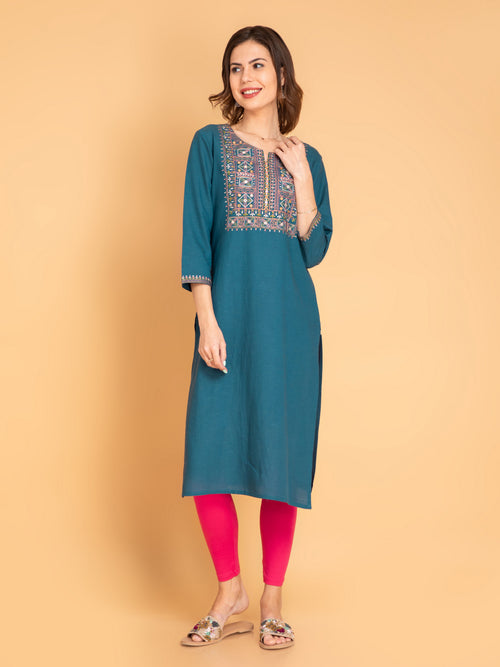 Linen Blend Embroidered Long Kurti