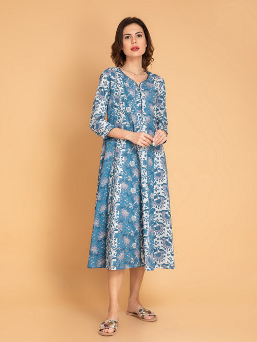 Mul Cotton Printed Kalidar Kurti with Zari Work