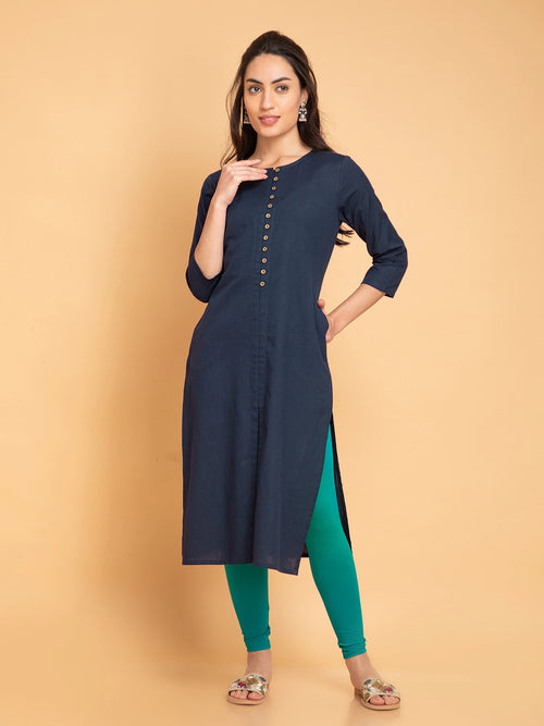 Linen Blend Long Kurti with Metal Buttons