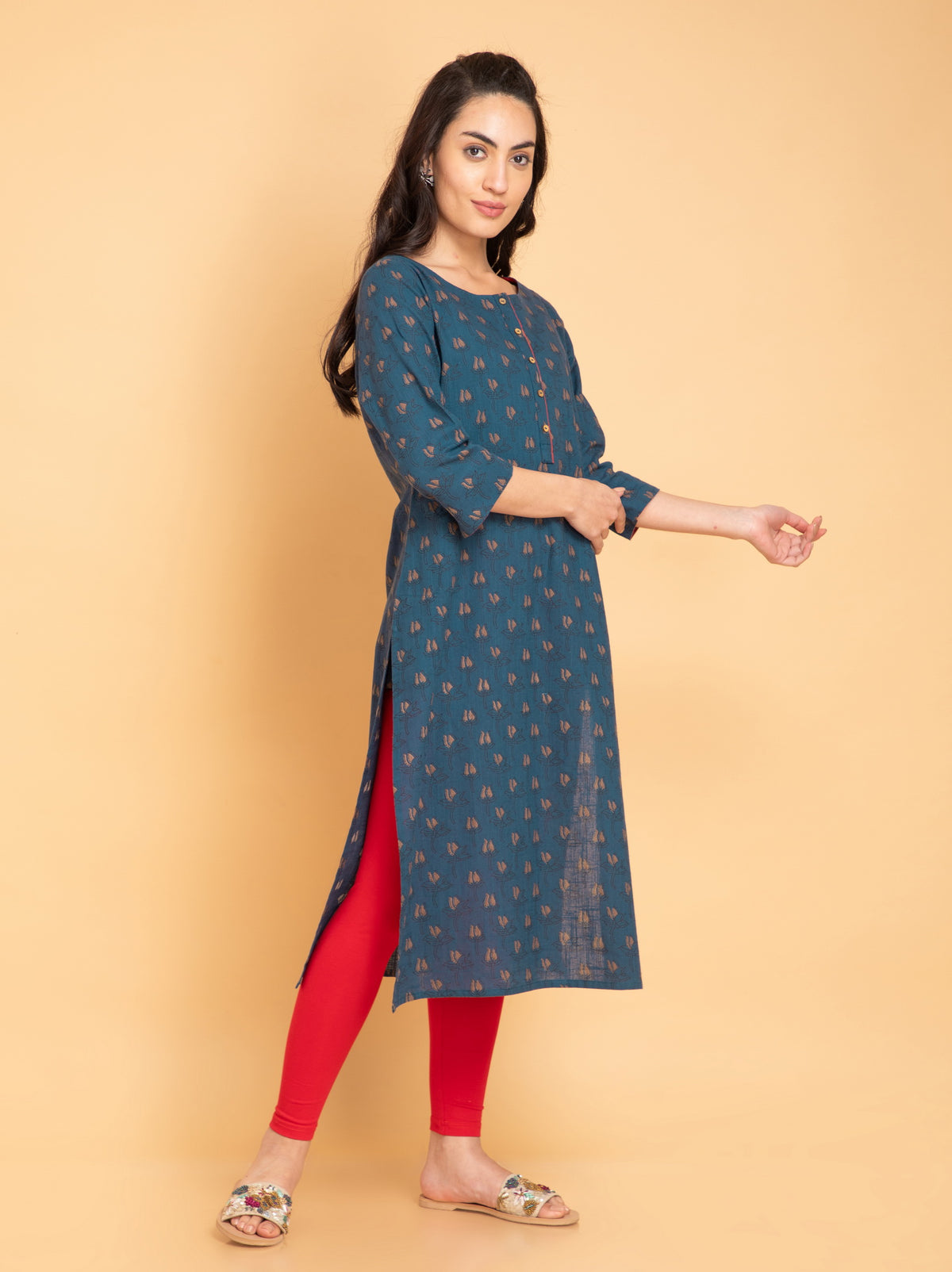 Printed Long Kurti with Fabric Trims