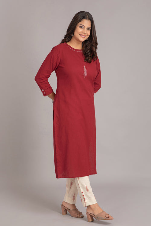 Embroidered Straight Kurti with Printed Trouser