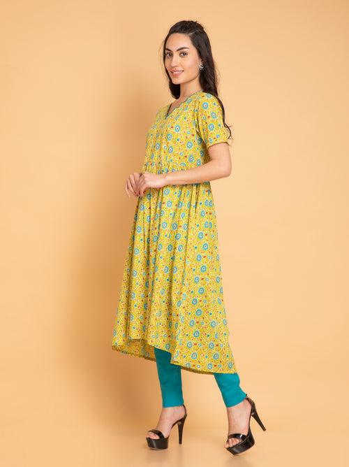 Mul Cotton Floral Printed High-Low 2 Pc Kurta Set