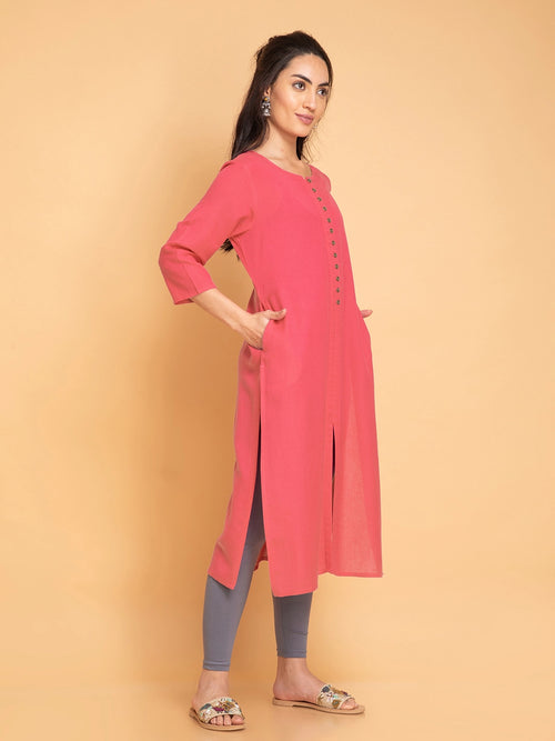 Linen Blend Long Kurti with Metal Buttons