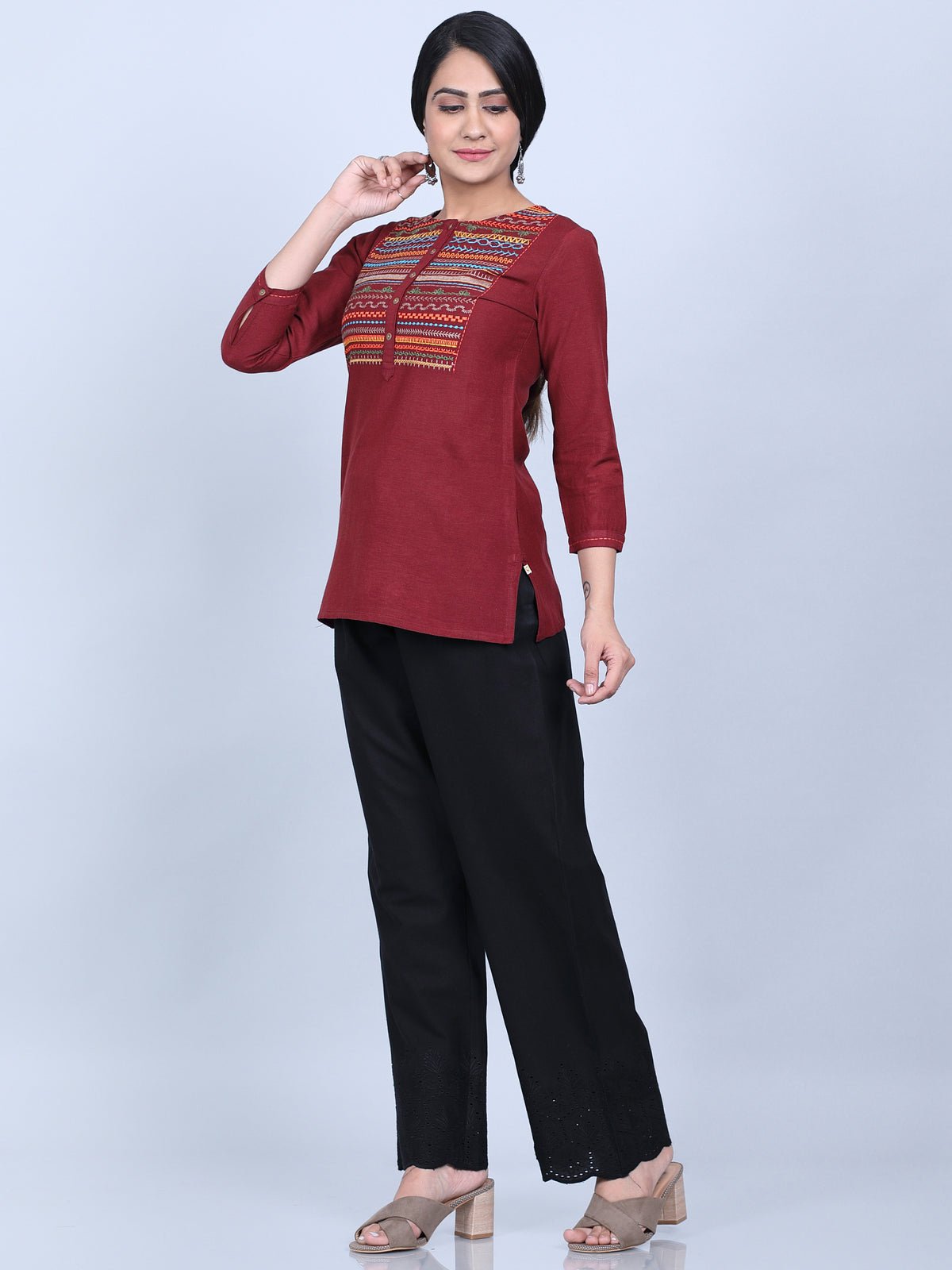 Rayon Linen Top with Colorful Embroidery