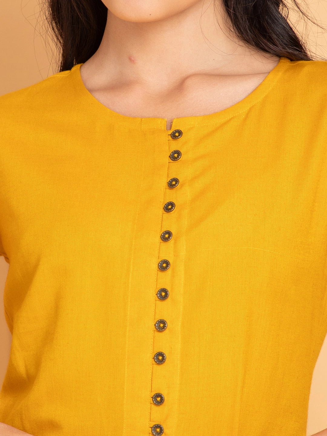 Linen Blend Long Kurti with Metal Buttons