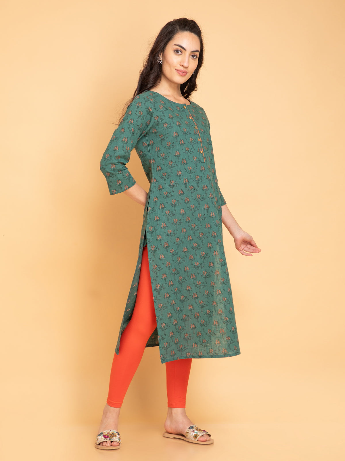 Printed Long Kurti with Fabric Trims