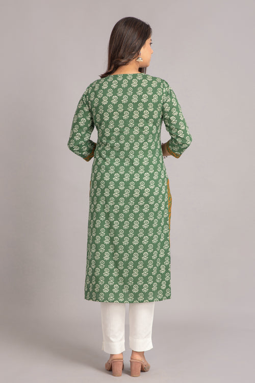 Mul Cotton Printed Long Kurti with Kantha Work