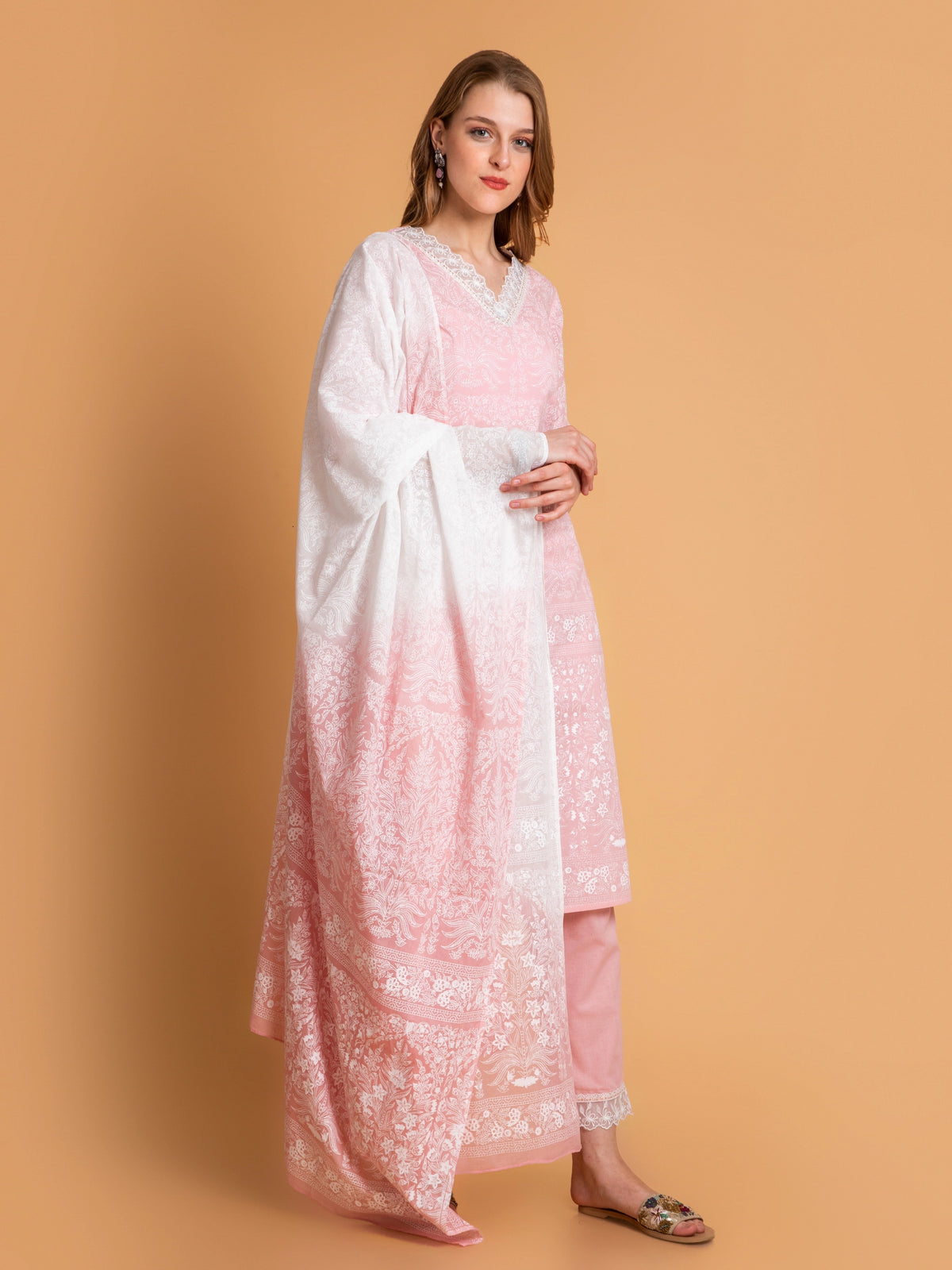 Khadi Printed 3Pc Kurta Pant & Ombre Dupatta Set