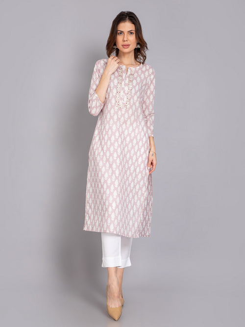 MUL-COTTON PRINTED KURTI WITH GOTA EMBROIDERY & LACE WITH EMBELLISHED DETAILS