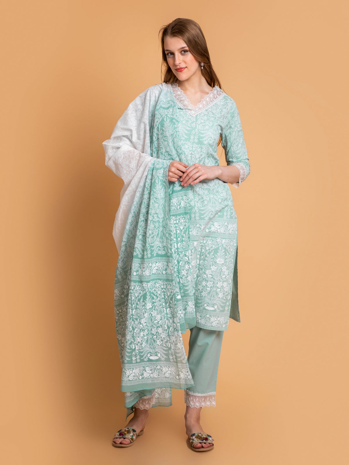 Khadi Printed 3Pc Kurta Pant & Ombre Dupatta Set