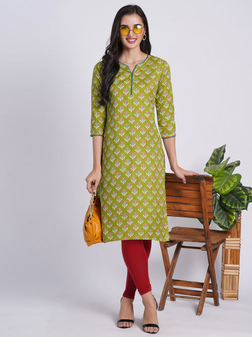 Suti Women Rayon Floral Printed Long Kurti Embellished With Zari Work Details